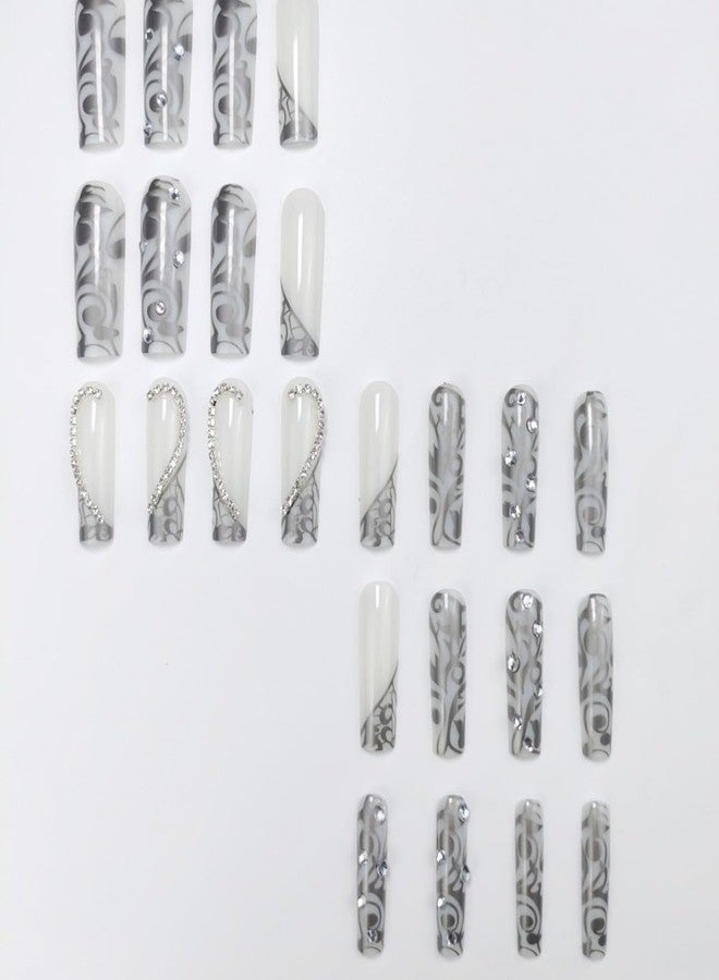 CTTHNBD Press on Nails Long Square Fake Nails Silver French False Tip with Rhinestones Charms Design Glue on Nails 3D Heart Stick on Nails Elegant Glitter Glossy Acrylic Nails for Women Manicure 24Pcs - Image 4